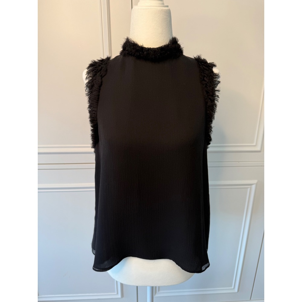 Alexis Sleeveless Top Women S Black Excellent Fringed Mock Neck Silk Blouse